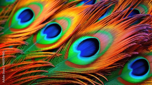 Colorful, abstract macro view of a peacock feather's iridescence, generative ai