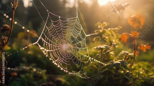 Delicate dewdrops on a spider web in the morning light, generative ai © Creative Station