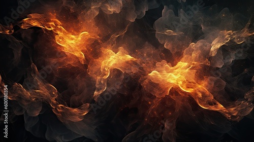 Fiery, abstract flame patterns on a dark, smoky background, generative ai