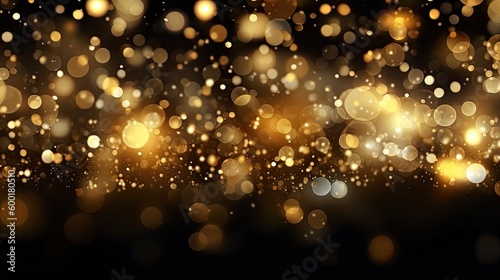 Glittering gold bokeh lights on a black background, generative ai