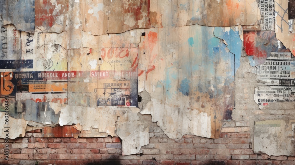 Grunge brick wall with layers of torn street posters, generative ai Grunge brick wall with layers of torn street posters, generative ai