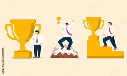 Business Men Success achievement Ilustration,celebrating people holding trophy award.Flat character career ilustration winning award set.People achievment succeed vector.