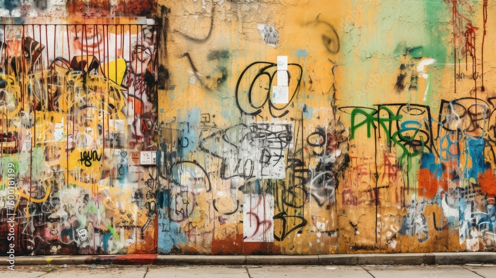 Modern urban wall with peeling paint and graffiti, generative ai Modern urban wall with peeling paint and graffiti, generative ai