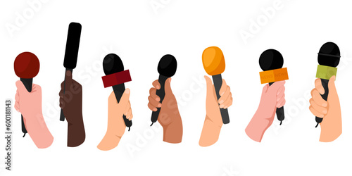 Hands holding microphones. Mass media reporters and journalists with mic recorder taking interview on live tv. Journalism concept