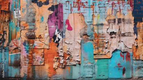 Modern urban wall with peeling paint and graffiti, generative ai
