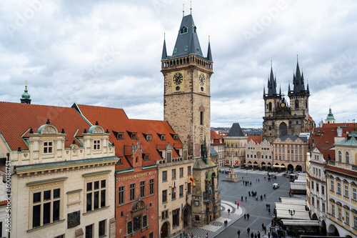 Panoramic view over the cityscape of Prague roofs at dramatic sunset, Czech Republic 