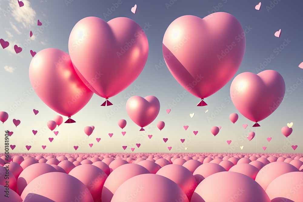 a bunch of heart shaped balloons flying out of a gift box, generative ai