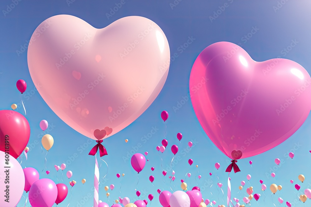 a bunch of heart shaped balloons flying out of a gift box, generative ai