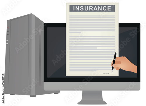 Signing online insurance policy. vector