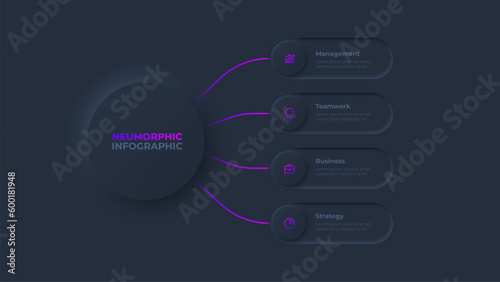 Dark neumorphic flowchart infographic. Business data visualization with 4 steps. Concept of development process