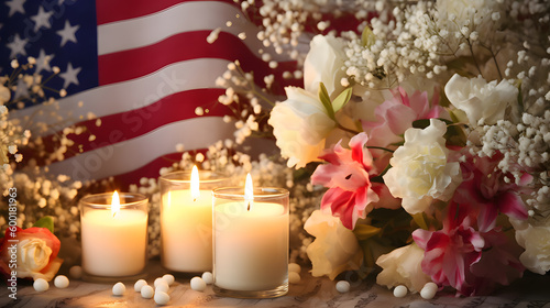 Burning candle  USA flag and flower for National Day of Prayer and Remembrance  created using Generative AI Technology