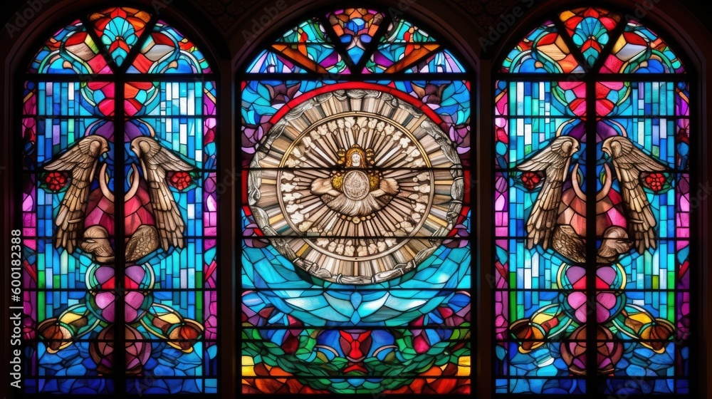Stained glass window design with vivid colors and geometric shapes, generative ai Stained glass window design with vivid colors and geometric shapes, generative ai