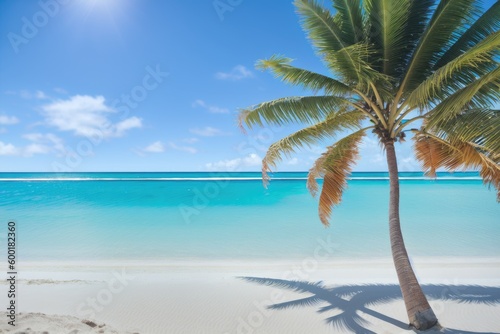a sandy beach with palm trees and the ocean in the background  generative ai