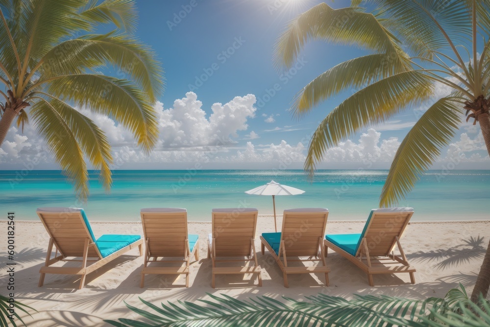 Empty beach chairs next to a palm tree at the beach during a summer vacation, generative ai