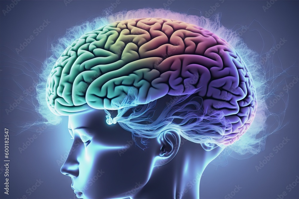 Obraz premium Hyperrealistic x-ray image of a human head with the brain highlighted, generative ai
