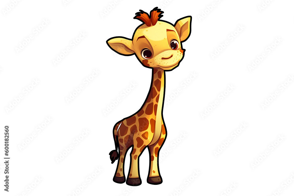 Fototapeta premium Cute giraffe sitting isolated on white background, 2d vector animal wildlife sticker