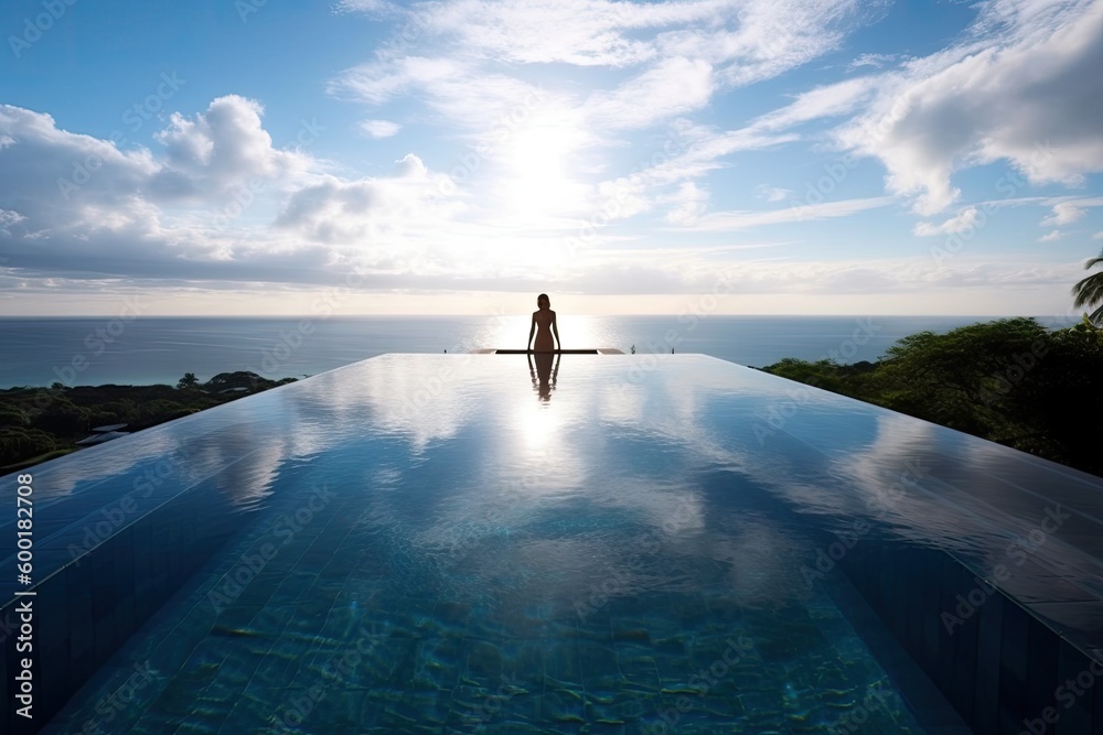 Luxurious infinity pool, featuring an edge that seems to merge with the horizon, offering a stunning view and a sense of infinite relaxation - Generative AI
