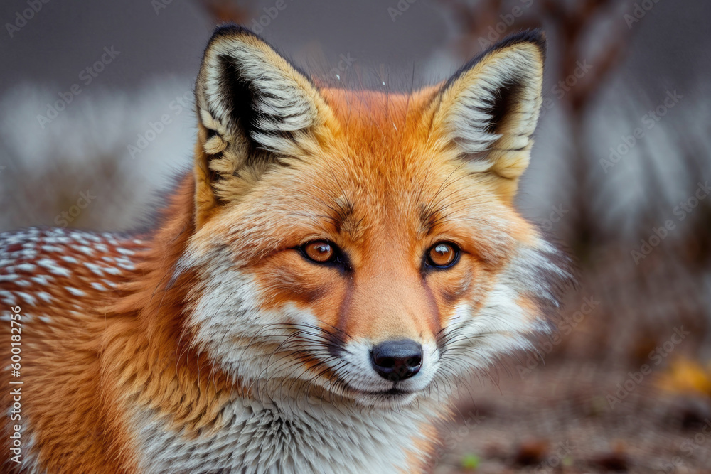 Obraz premium Red Fox - Vulpes vulpes, sitting up at attention, direct eye contact, bokeh in background, generative ai