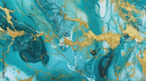Turquoise and gold marble texture with luxurious swirls, generative ai