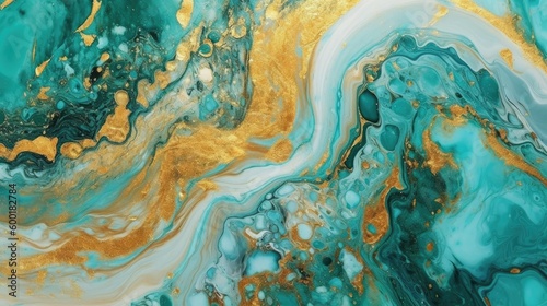 Turquoise and gold marble texture with luxurious swirls, generative ai
