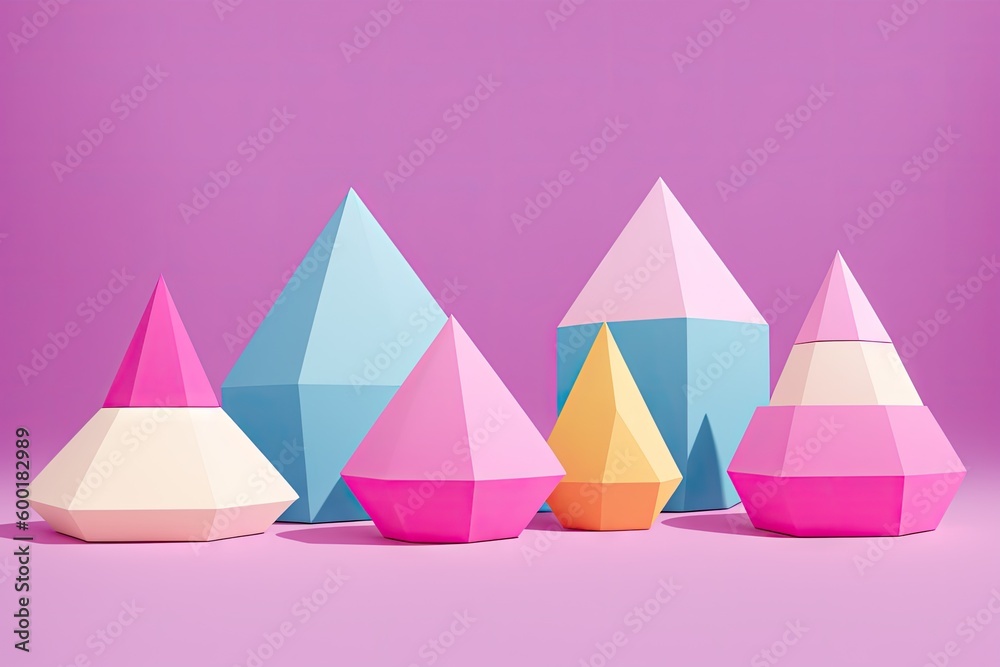 Polygonal objects on solid pastel background. 3d rendering, generative ai