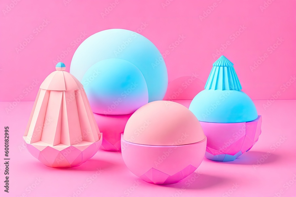 Polygonal objects on solid pastel background. 3d rendering, generative ai