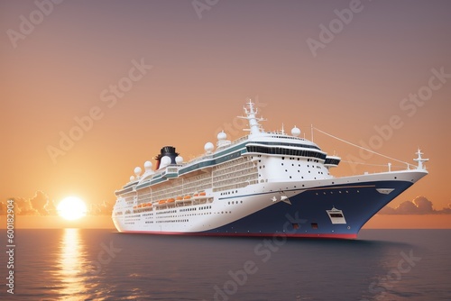Luxury cruise ship sailing in the ocean at sunset, generative ai