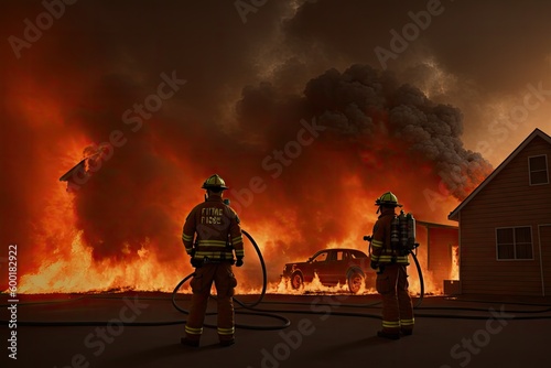 Firefighters in front of burning House, generative ai
