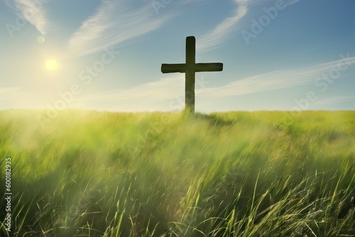 Concept conceptual cross religion symbol silhouette in grass over sunset or sunrise sky, generative ai
