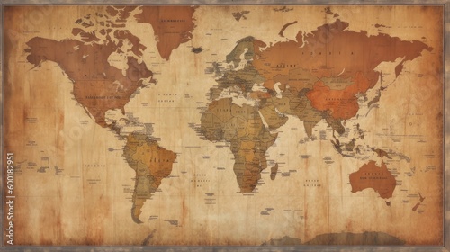 Fototapeta Naklejka Na Ścianę i Meble -  Vintage map of the world with a distressed, antique finish, generative ai