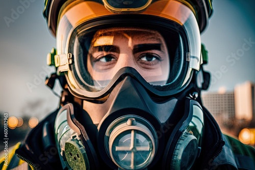 Close up portrait of face firefighter wearing protective uniform and an protective mask, generative ai