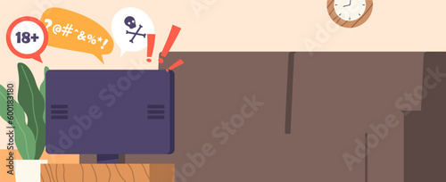 Room Interior With Sofa And Tv Displaying Harmful or Dangerous Information On The Screen, Cartoon Vector Illustration