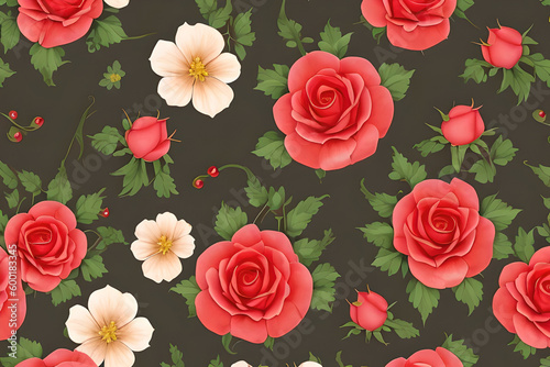 Seamless floral pattern with pink roses and rosehip flowers, green leaves on a dark green background. Generative AI.