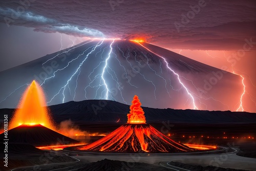 Night landscape with volcano and burning lava. Volcano eruption, fantasy landscape, generative ai photo