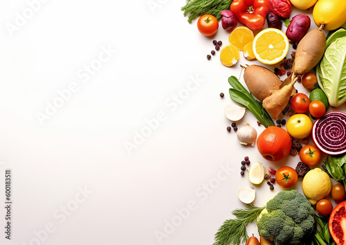 Healthy fruits and herbs decoration setting on white  background and copy space for text. Generative AI