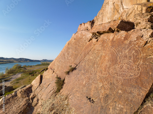 Petroglyphs of Tamgaly Tas     fine art of stone carving and fine contour lines dated to the second half of the 17th century. Left Bank of the river Or.