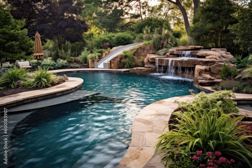 Backyard pool oasis waterfall, featuring lush landscaping, a waterfall, and a slide, creating a serene and refreshing escape from the summer heat - Generative AI