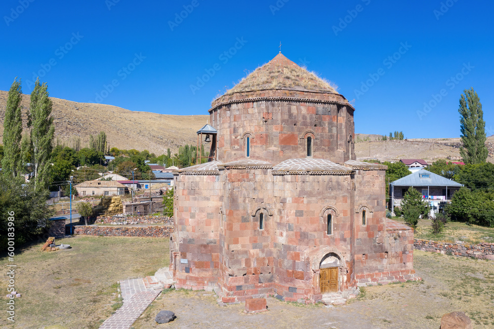 Aerial view of Surb Hovhannes church on sunny summer day. Mastara, Aragatsotn Province, Armenia.