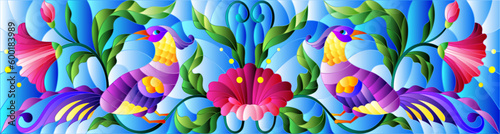Stained glass illustration with a bright abstract birds on a background of leaves, flowers and blue sky, rectangular image