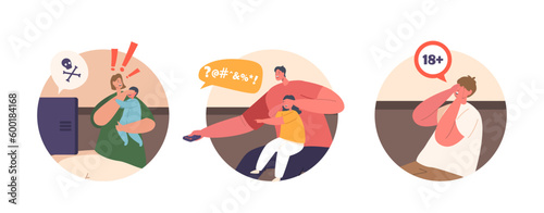 Isolated Round Icons Features Mother And Father Family Characters Sitting On Sofa Shielding Children From Tv