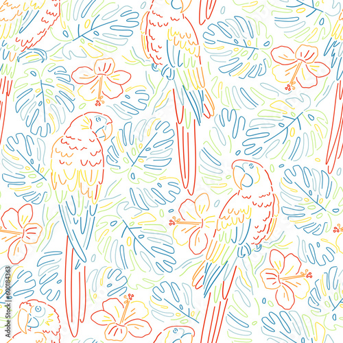 Colourful lines tropical parrot monstera leaf vector seamless pattern. Ara macaws paradise bird background. Linear sketchy style backdrop.