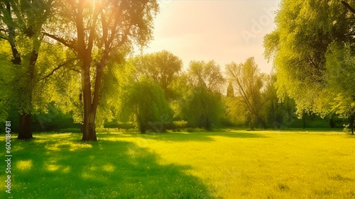 Summer warm landscape with green field and park. High quality illustration Generative AI