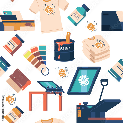 Seamless Pattern Showcasing Various Items For T-shirt Printing, Including Printer, Color Palette, Press Machine