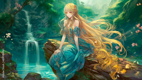 Anime elf female character on the background of forest river. High quality Generative AI