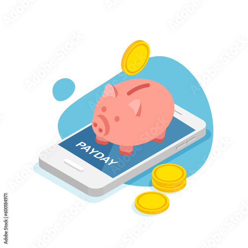 Piggy bank with coins isometric style. Payment date or payday. Concept of saving money vector illustration. Bank deposit.