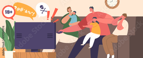 Mother And Father Characters Shielding Their Children From Harmful Tv Information. Family Unit Protecting Young Ones