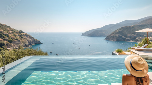 summer holiday vacation   woman relaxing in swimming pool with beautiful sea and landscape background, summer vacation theme for your design © IMAGINIST