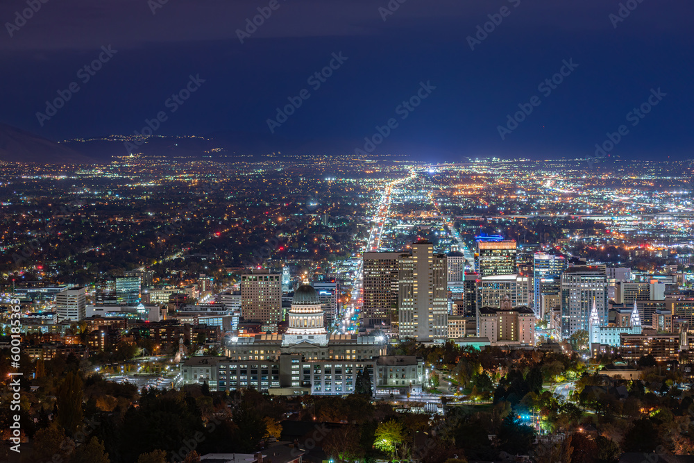 Utah State Capitol night view illuminated with lights at night after sunset, in Salt Lake City, mountain view