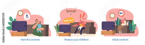 Isolated Scenes with Parent Characters Shielding Children From Dangerous Censored Tv Information. Family Protect Kids