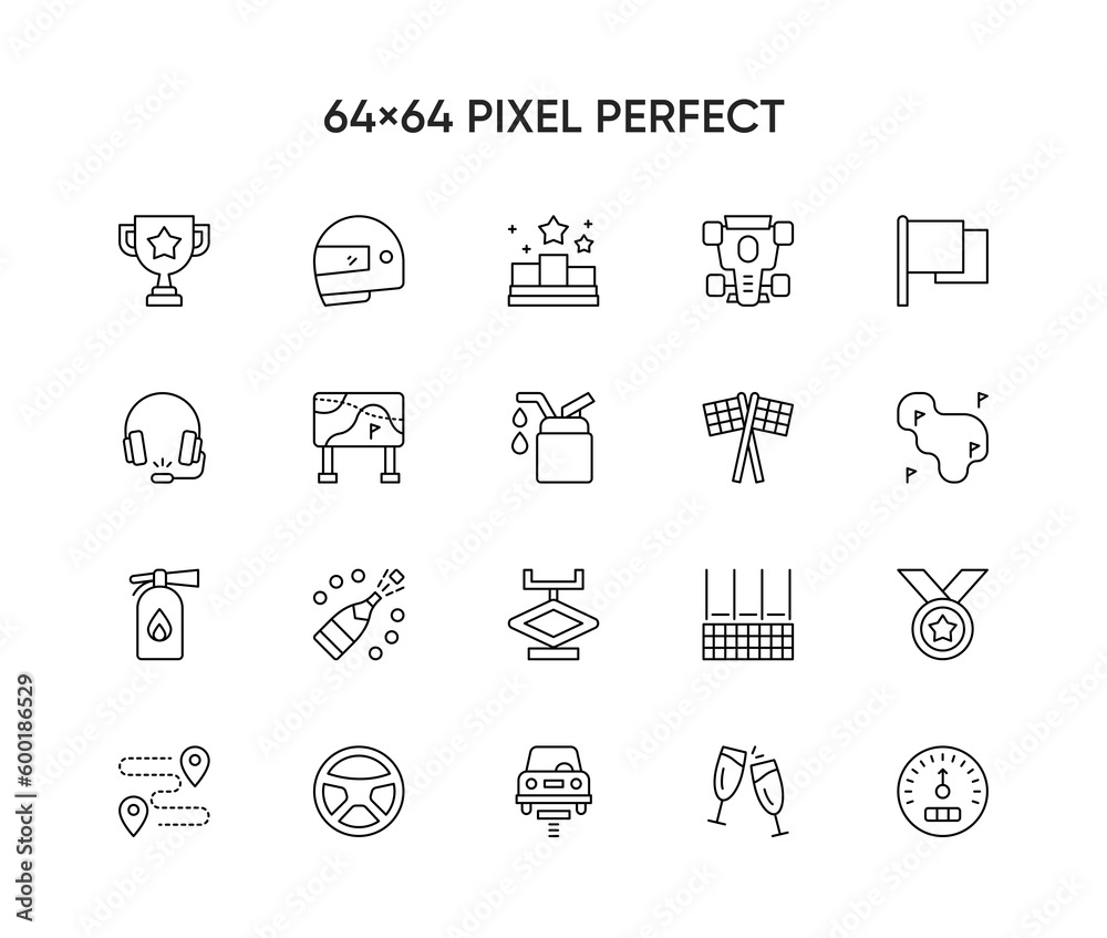 Car racing vector flat line icons. Speed auto championship signs ...